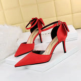 Zingj Korean Version Of Delicate High Heels Satin Hollow Shallow Mouth Tip With Hollow Bow Female