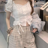 Women Ins Summer Ruffles French Square Collar Crop Top Slim Sexy New Design Streetwear Aesthetic White All-match