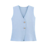 Women's 2025 Summer New V-Neck Gold Button Knitted Vest + Folding Skirt