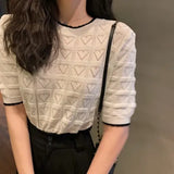 Zingj Summer New Round-Neck Color Love Knitted Blouse Women's Hollowed-Out Loose Lazy Wind Short-Sleeved T-Shirt As The