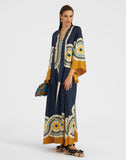 Women Vintage Print Spliced Lace Up Maxi Dress with ribbon Casual Loose V Neck Flare Sleeves Dresses Summer Lady Elegant