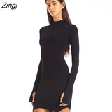 Women Bodycon Slim Mini Dress Solid-Color High-Collar Long-Sleeves Tight-Fitting Dress With Stockings for