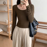 Shoulder-Bottomed Blouse In Autumn, The New Small Square Collar Long-Sleeved T-Shirt Is Slim And