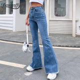 Button Fly Women's Raw Hem Flare Jeans Autumn Fashion Woman Denim Pants Jean Femme High Waist Full Length Slim