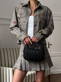 Plaid-Print Set Shirt-Style Jacket With Hundreds Of Folded Skirt Autumn And Winter Crumuml Flower Design Sweet Retro