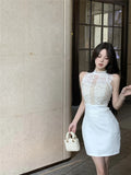 Spicy Girl Lace Stitching Dress Women Summer White Temperament Waist Sleeveless Wrap Hip Short Dress Fashion Lady
