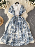 Court Style High-End Short-Sleeved Printed Dress Woman Waist Design Minority Chic Super Immortal Temperament Long