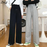 Loose Women's Wide Leg Pants Fashion Solid Casual High Waisted Drawstring Trousers Palazzo Pants Grey Long Pants