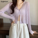 Women V-neck Solid Single Button Slim Knitted Thin Tops Female Korean Style Simple Trendy Long Sleeve Sun