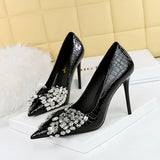 Zingj Korean Version Of Fashion Banquet High Heels Fine Heel Super High Heel Shallow Mouth Pointed Water Diamond Bow Single Shoe