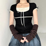 Zingj Court Square Collar Chest Pleated Belt Solid Color Shoulder Short Sleeve T-Shirt