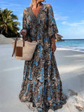 Summer 3/4 Sleeve Printed Boho Beach Long Dress Loose V Neck Waist Pleated A-Line Dress Casual Back Hollow Belt Maxi