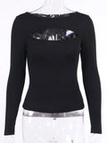 Women tshirt Hollow Out Solid Black White Long Sleeve Knitted Tee Tops Casual Slim O Neck 2024 Fashion t