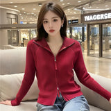 Standing Collar Double Zipper Design Sense Knit Cardigan Female Jacket Autumn New Style Slim Small Long-Sleeved Sweater Jacket-Outfit