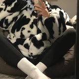 Women Thicker Furry Cow-pattern College Ins Prevalent Designer Hooded Younger Korean Style Outwears Loose All-match