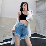 Summer 2022 Thin Frayed Pink Denim Shorts Women Tassel Hot