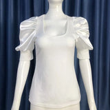 Short Puff Sleeve Ribbed Knit Cropped Top Casual Square Collar Solid Elegant Clothes New Women's Shirts Korean Tees