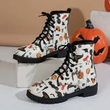 Women's Short Boots 2025 Autumn And Winter New British Wind Round Head Tie Print Low With Martin