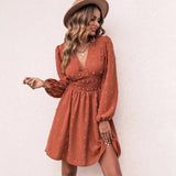 Summer Casual Chiffon Solid Color V-neck Slim A-line Midi Dress 2022 Fashion Elastic Waist Jacquard Dresses For
