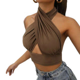 Summer Tank Tops Sexy Solid Color Cross Halter Neck Push Up Hollow Crop Tops 2022 New