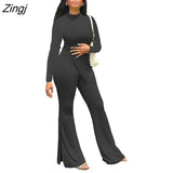 Women Sets Autumn/Winter New Solid O Neck Long Sleeve Top + Flare Pants Set 2 Pieces Set Casual Sporty