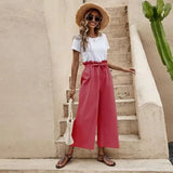 New Women's Summer Loose Waist Solid Cotton Belt Broad Leg Pants Loose Nine-Point Trousers