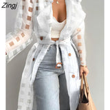 Women Fashion See Through Outdoor Tops Lace Up Spring Solid Sheer Mesh Long Sleeve Buttoned Coat With Belt Elegant