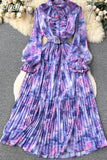 Autumn Bohemian Tie Dye Pleated Long Dress Women Elegant Stand Collar Ruffle Single Breasted Lantern Sleeve Draped