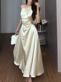 Satin Midi Dresses for Women 2023 New Summer French Fold Hollow Out Elegant Prom Fashion Slim Casual Female Clothes