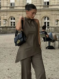 Women's Clothing Neck Tie Minimalist Top + Mid-Rise Loose Trousers