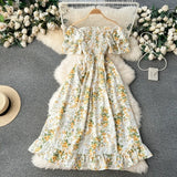Zingj 2024 New French Vacation One-Line Collar Off-Shoulder Short Sleeve Closed Waist Slim Flower Long Grandiflorum