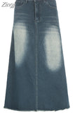 Vintage Harajuku Burr Distressed Low Waist Denim Skirt Women Loose Korean Washed Casual Long Skirts Outfits