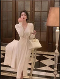 Knitted V-neck Midi Dresses for Women 2023 Autumn Elegant Party Fashion Split Korean Casual Long Sleeves Female