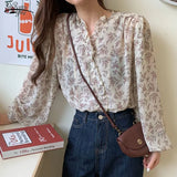 Print Women Shirt V-neck Chiffon Blouse Long Sleeve Women Tops Autumn Blusa Chic Cardigan Loose Chemisier Femme