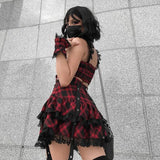 Dark Plaid Sling Lace Tie Pleated Skirt 2023 Spring Personality