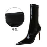 Zingj Fashion And Sexy Nightclub Show Thin Bright Face Lacquer Leather Elastic Show Thin Pointed Short Boots Winter Thin