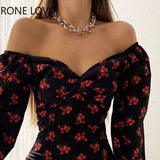 Women Elegant Off Shoulder Long Sleeves Disty Floral Print Ruffle Hem Mini Bodycon Party Sexy