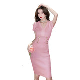 Zingj Temperament Xiaoxiang Name Yuanfeng Short-Sleeved V-Neck Knitted Dress A Woman's Waist Shows A Thin Waist And A Middle-Style Skirt With