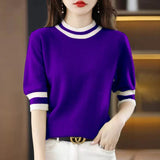 Round Collar Half-Sleeve Tight Cover Sweater Five-Point Sleeve Top Female Knitting Bottom Flying Sleeve Half-High