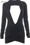 Women Autumn 2023 New Black Sexy&Party Low Chest Off The Shoulder Sleeve Solid Backless Dress Elastic Skinny Hip