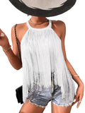 Women's Hot-Selling Solid Color Sleeveless Neck Top Ladies' Fashionable Tassel Beach