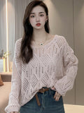 Zingj Lazy Wind Hollow Out V-Neck Sweater Female Spring And Summer 2024 New Fashion Versatile Show Thin Long-Sleeved