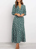 Chiffon Long Dress Floral Print Lantern Sleeve A-line Maxi Vestidos Autumn New Elegant Vintage V Neck Winter