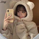 Hat Hoodies Women Lovely Thicker Winter Soft College Girls Sweatshirts Popular Ulzzang Front Pocket Sweet Womens Hoodie