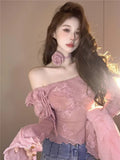 Hot Girl Flare Sleeved Sweater Women's Autumn and Winter Off Shoulder Slash Neck Knitted Pullover Fashion Female
