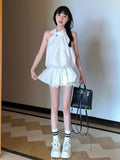 Aging Simple Temperament Suit Women's Summer Design Sense Hanging Neck Blouse Waist Fluffy Half Skirt Two