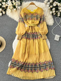 Bohemian Women Printed Pleated Long Dress Elegant Vacation Beach Maxi Vestidos Female Lantern Sleeve Draped Robe