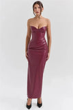 Burgundy Strapless PU Leather Maxi Dress- Outfit