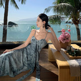 Zingj New Chinese Style Cold Sense Tie-Dye Ink Blue Halter Dress Temperament Shows White Chinese Style And Literary