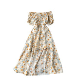 Zingj Dress Female Summer French Grandiflorum One Word Shoulder Short Sleeve Fairy Dress Super Fairy Tea Break Slit Over The Knee Long